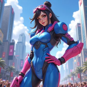 Young woman in blue, pink sci-fi suit with goggles stands confidently in busy city street. Futuristic attire, vibrant colors suggest blend of fashion, gaming culture. Background features tall