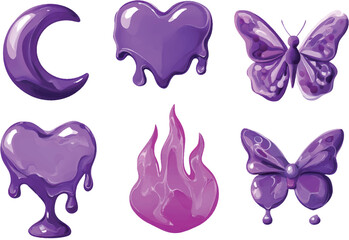 Set of purple liquid shapes, crescent moon, heart, and butterfly on a transparent background