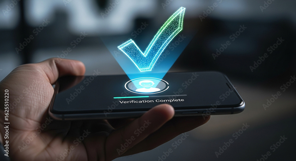 Aufkleber mobile phone verification complete checkmark security app authentication process success identity on