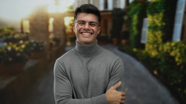 Young hispanic man smiling and clapping on a city street in the evening, wearing glasses and a turtleneck, capturing a moment of joy and warmth in an urban outdoor setting