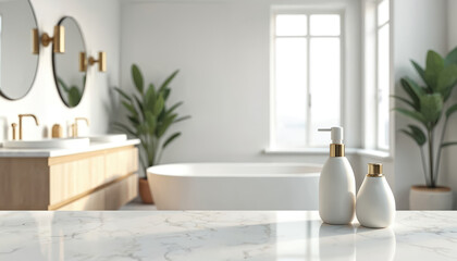 Fototapeta premium Clean white bathroom interior with marble tabletop. Two white bottles with gold accents sit on counter, perfect for product display. Soft light fills room, minimalist, elegant design of bathing space.