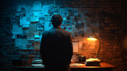 Investigation Scene, Detective Analyzing Evidence, Dark Room, Photo, Mysterious Atmosphere, Side View, Crime Solving