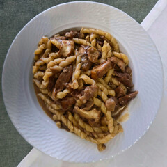 Traditional Italian fusilli pasta with porcini mushrooms and chestnuts, photographed in Avellino,...