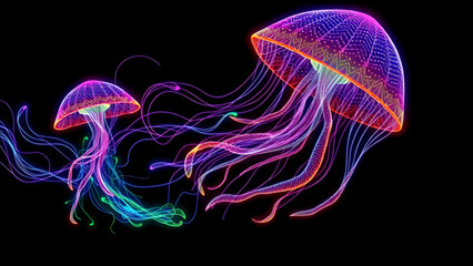 Neon jelly fish on black background. JPEG, 16x9in, 4800x2700px, 300p/i