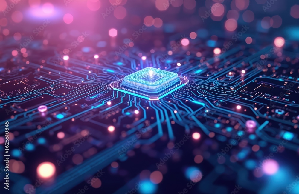 Poster futuristic circuit board with intricate digital tech elements in aqua blue, glowing pink neon lights
