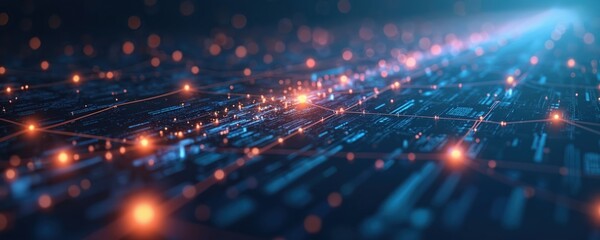 Obraz premium Abstract digital network connections with glowing nodes, data streams. Blue, orange lights create depth. Technology, big data, futuristic concepts visualized in abstract patterns. Global