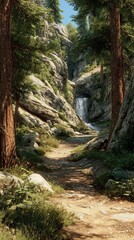 Forest path waterfall sunny day