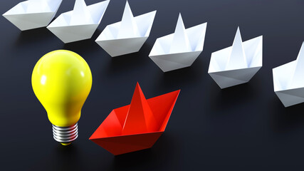 paper ship and light bulb leadership and creative idea metaphor