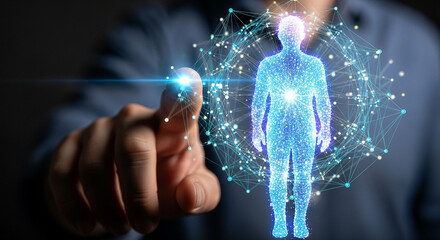 Human body hologram technology futuristic concept for healthcare and medical innovation research