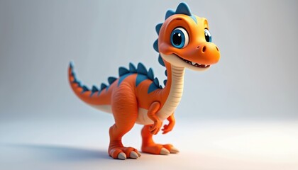 Obraz premium Cute orange cartoon dinosaur with blue spikes, stripes stands on light gray background. Friendly, three-dimensional illustration features happy, smiling dinosaur with big blue eyes, perfect for