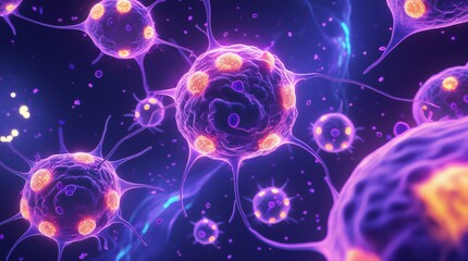 Vibrant virus illustration. Scientific visualization of viral particles in microscopic environment. Science concept for biology, microbiology, flu, infection, disease, pandemic, health, and medicine.