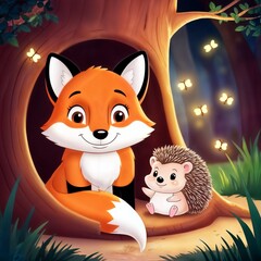 adorable forest animals sitting under firefly lights in magical nighttime woodland for use in children's product packaging or bedtime story visuals