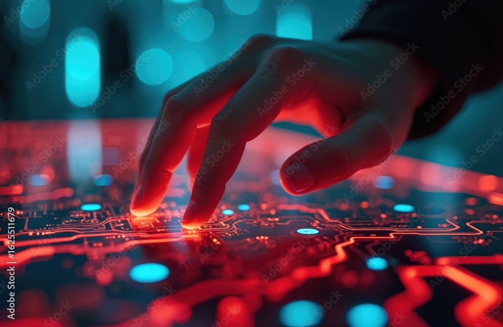Poster futuristic hand interacts with glowing neon circuit board interface. digital technology concept with