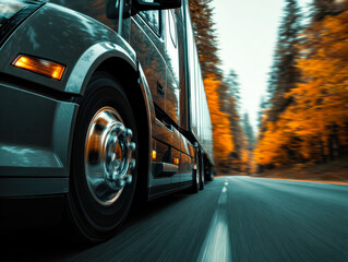 Modern semi-truck speeding through a scenic autumn forest landscape