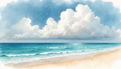 Tranquil watercolor seascape painting features serene ocean meeting sandy beach under sky filled with fluffy white clouds. Turquoise water with gentle waves creates peaceful summer atmosphere,