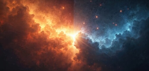 Obraz premium Cosmic wallpaper displays celestial duality with vibrant orange fire, nebulae contrasting against deep blue space, stars. Represents good versus evil, creation, chaos in surreal, mystical universe.