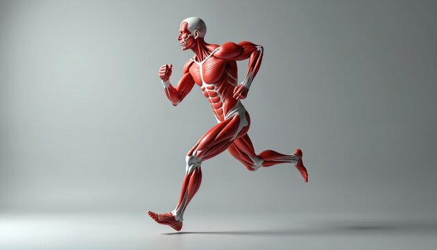 3D rendering human torso with detailed upper body muscles running motion. Anatomy, fitness, bodybuilding, muscular system, health, medical, sport science, exercise, training.