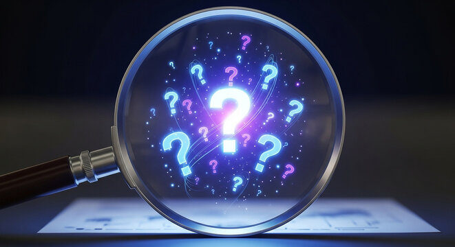 Magnifying glass focusing on question marks concept for research and problem solving analysis tool