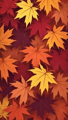 Fototapeta premium Illustration features seamless pattern of autumn maple leaves in warm colors like orange, yellow, red, brown. Foliage design captures of fall season, with intricate leaf textures on forest background.