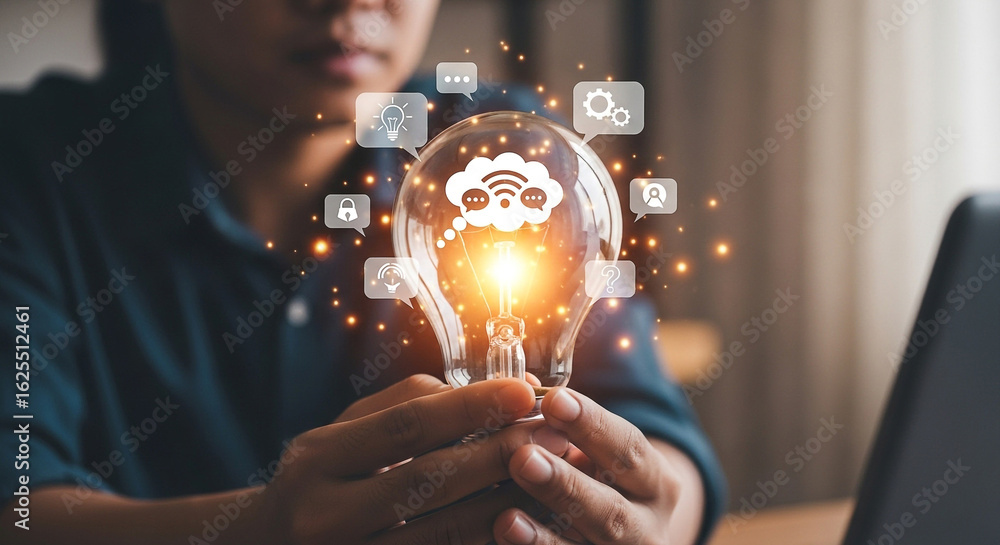 Aufkleber lightbulb innovation idea concept for business technology and communication network solution growth 