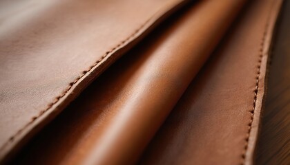 Close-up of smooth tanned leather with intricate stitching details. Rich brown color, natural texture, supple feel emphasize premium craftsmanship, elegant design. Versatile material for fashion,