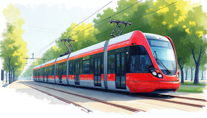 Naklejka premium Vibrant watercolor illustration captures modern red tram gliding along city tracks. Public transportation vehicle features sleek design, traveling through tree-lined urban avenue. Artwork evokes