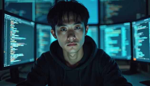Cinematic portrait of young Japanese man working on computers displaying code. Wears dark hoodie, focused on screens. Scene suggests technology pro programmer in modern, dimly lit workspace with