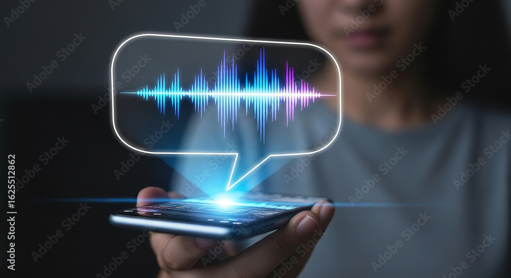 Poster voice recognition technology ai assistant on mobile phone speech waveform app interface concept 100c