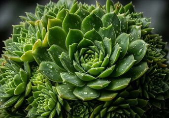 Fototapeta premium Closeup of a vibrant green succulent plant with dew drops on its leaves