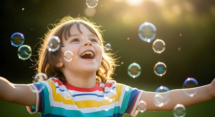 A young child with long hair, wearing a striped shirt, is joyfully catching bubbles in a park setting with a vibrant green lawn and a clear blue sky.