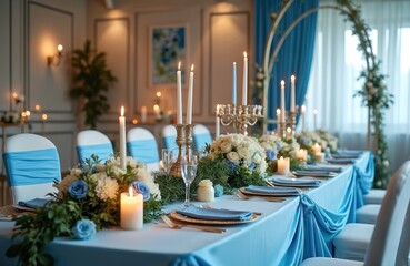 Fototapeta premium Elegant wedding setup with decorated blue presidium table, featuring festive arch. Burning candles, beautiful floral arrangements adorn scene, creating romantic banquet atmosphere for newly married