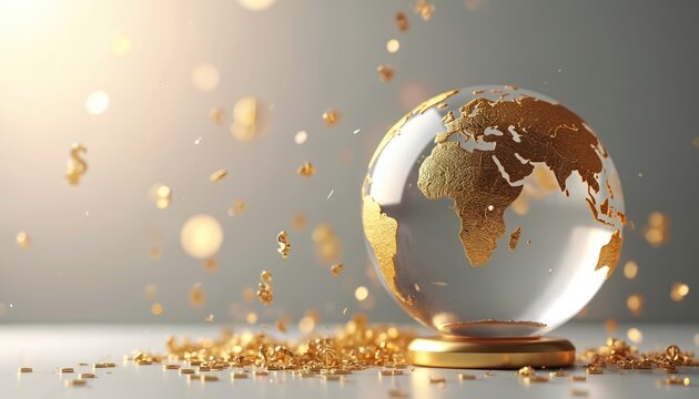 Clear glass globe with golden continents and dollar signs scattered around. Represents global finance, economy, and wealth accumulation. Concept of investment, growth, and international trade success.