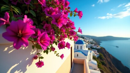 Obraz premium Vibrant pink flowers cascading over a white building overlooking a beautiful blue sea.