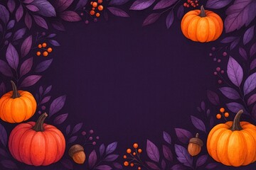 かぼちゃと紫の葉で囲んだ幻想的なハロウィン背景