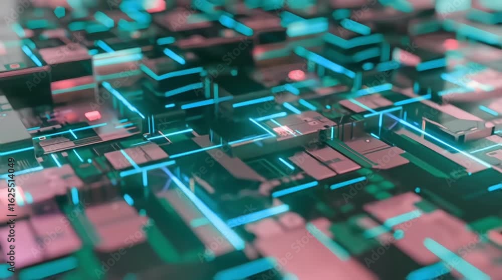 Poster futuristic microchip with glowing neon circuits representing data flow. an abstract concept of advan