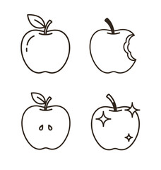Four different apple icons with leaf, core seeds, bite and shine on white background