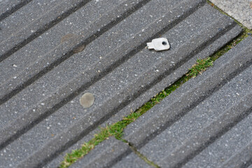 Broken key lying on concrete floor with moss and grass