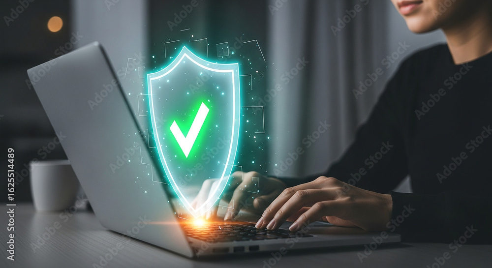 Poster cyber security concept secure data protection on laptop with shield and check mark icon 100 characte