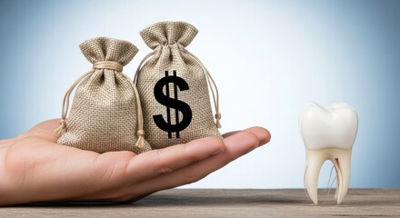 A hand holds two money bags with dollar signs next to a tooth, symbolizing the high cost of dental care