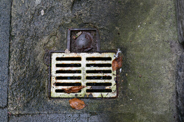 Old white asphalt drain grate with rust and leaves