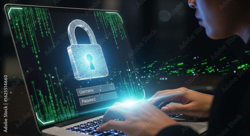 Poster cybersecurity data protection concept with laptop and padlock for online privacy and network securit