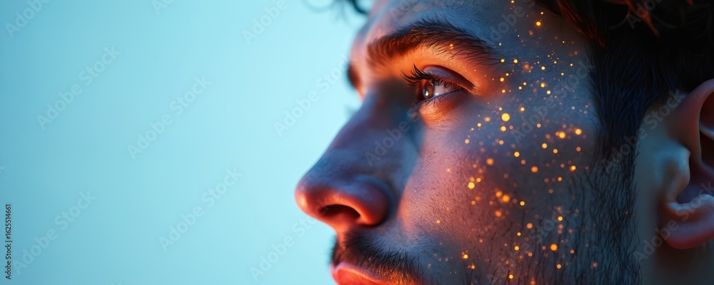 Poster man profile with glowing digital data overlay. futuristic ai concept showing connection, network, pi