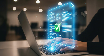 Online form completion digital checklist survey on laptop for business compliance and approval process