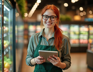 Smiling female grocery store employee with red hair, glasses uses digital tablet in supermarket. Checking inventory, assisting customers with fresh produce visible in background. Modern retail