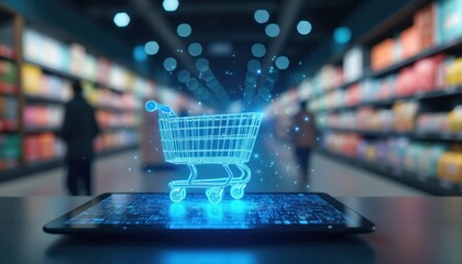 Illustration shows AI technology managing data for e-commerce businesses. Digital shopping cart hovers over tablet in retail store. Visualizes global online shopping platform integration, smart data