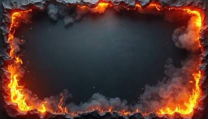 Fiery border with burning paper texture, flames. Discount flyer template with scorched edges, reminiscent of old poster, features isolated flames on transparent background. Ideal for sale offers,