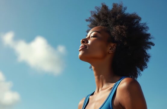 Young Black woman breathes deeply, enjoying sun, fresh air. Curly hair frames face as looks up with eyes closed, embodying peace, relaxation. Outdoor portrait of serene woman in blue top, basking in - Powered by Adobe