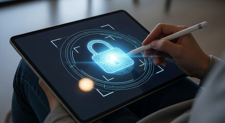 Cyber security on tablet with fingerprint lock for secure data protection and privacy control access