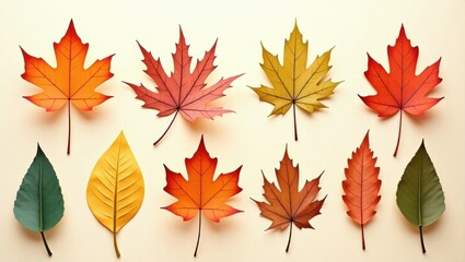 Obraz premium Colorful autumn leaves arranged on a light beige background.