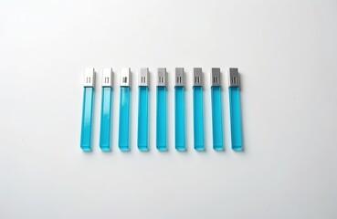 Ten blue medical test strips with silver tops displayed in row against clean white background. Sterile strips used for blood glucose monitoring, aiding in diabetes management, health tracking.